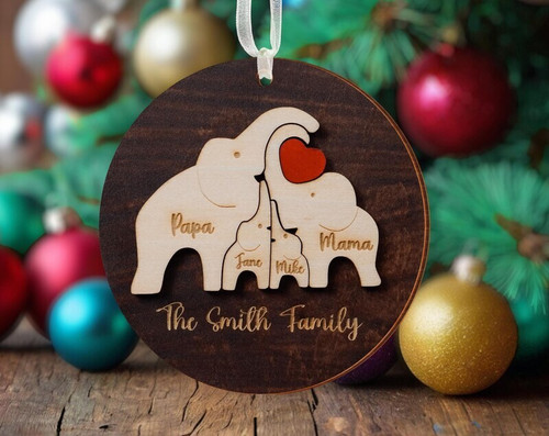 Elephant family wooden ornament personalized puzzle design, engraved names and year for family’s first Christmas keepsake | Familywalldecor