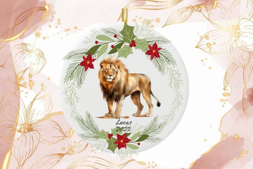 Rustic lion Christmas ornament, laser-engraved wood with jute hanger, distressed finish, holiday gift for animal lovers | Family Wall Decor