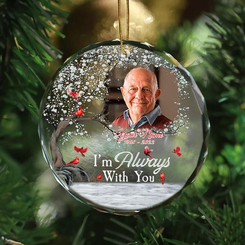 Memorial dad photo ornament, round ceramic with glossy finish, custom photo, name and dates, red ribbon for Christmas tree | Familywalldecor