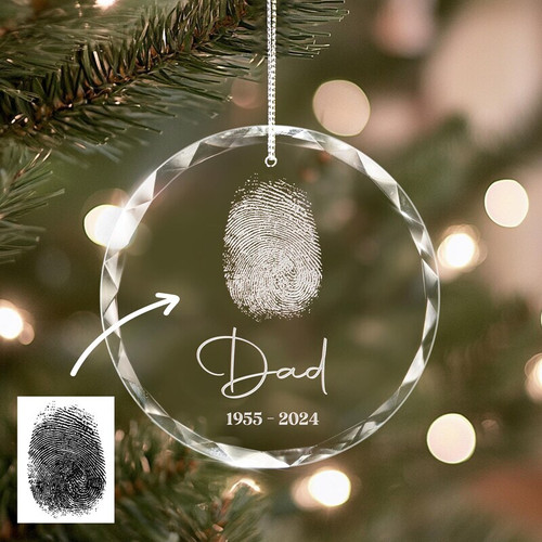Fingerprint memorial ornament with engraved print and custom name, honoring Dad's memory as a custom Christmas keepsake. | Familywalldecor