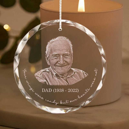 Memorial acrylic ornament with engraved photo, honoring Dad's passing; personalized name and dates, sympathy gift | Familywalldecor