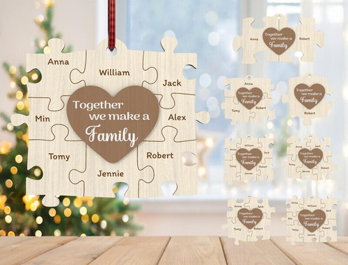 Personalized Together We Make A Family wooden ornament with heart puzzle pieces, custom names and date, Christmas tree gift | Familywalldecor