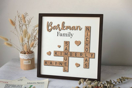 Personalized family name crossword wooden sign, custom last name wall art with interlocking names on rustic wood | Family Wall Decor