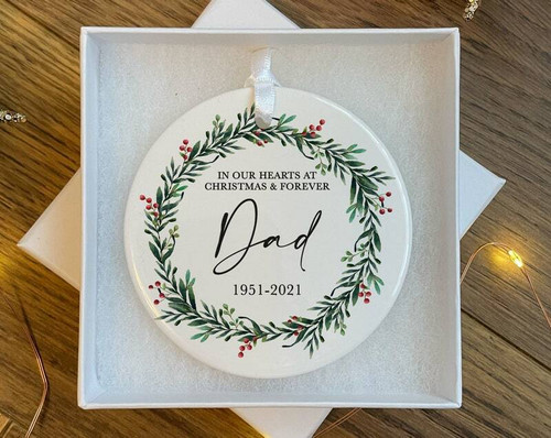In Memory of Dad memorial Christmas ornament, personalized with name and dates, remembrance decor for living room display | Familywalldecor