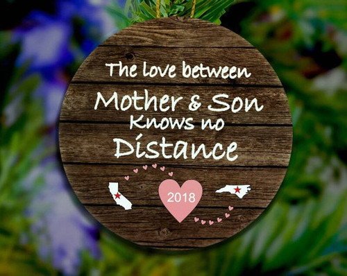 Mother and son Christmas ornament with custom state outline and heart, personalized for mom from son, heartfelt holiday tree keepsake | Familywalldecor