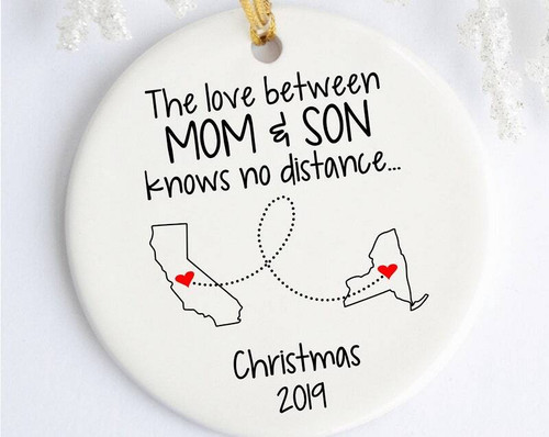 Mother son long-distance ornament with custom state design; two states linked by heart, thoughtful going away gift from son | Familywalldecor