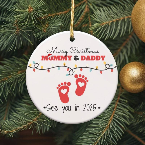 New parents Christmas ornament, personalized with names and year; thoughtful holiday keepsake gift for expecting mom and dad | Familywalldecor