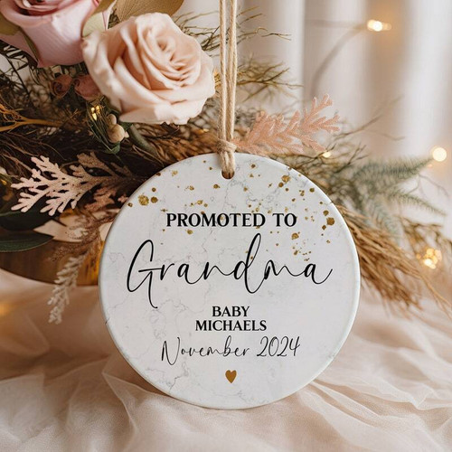 New grandma announcement ornament for expecting grandparents, Promoted to Grandma text; sweet keepsake for reveal or decor. | Family Wall Decor