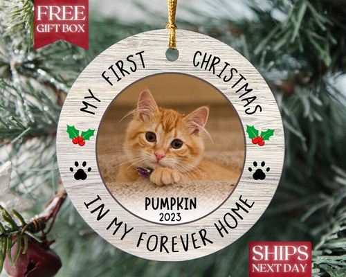 Cat mom's first Christmas ceramic ornament keepsake for new pet owners, holiday tree decor gift in a clean modern style | Family Wall Decor