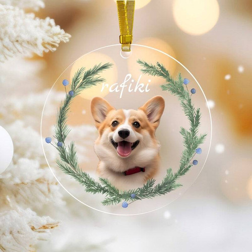 Personalized dog Christmas ornament with custom pet photo for wall or tree hanging, a heartfelt holiday gift for pet owners | Familywalldecor