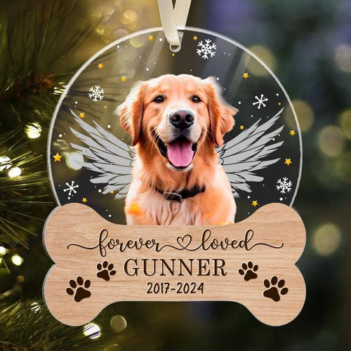 Dog memorial Christmas ornament personalized with pet name and dates, round ceramic, red ribbon, heartfelt keepsake | Family Wall Decor