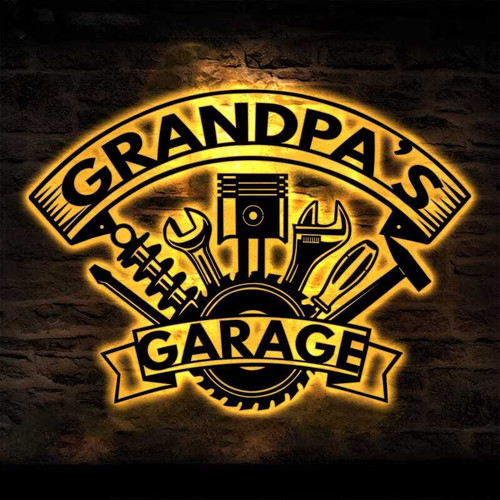 Grandpa's Garage metal sign, personalized with Pops' name, rustic wall decor for workshop, Father's Day gift from grandkids | Familywalldecor