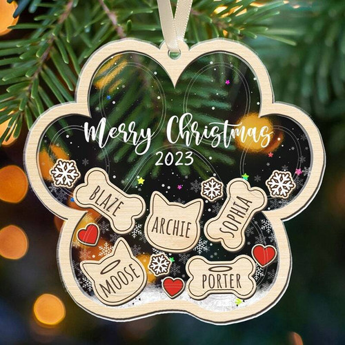 Dog shake Christmas ornament personalized with pet name and year, festive paw print design for fur family tree decor gift | Familywalldecor