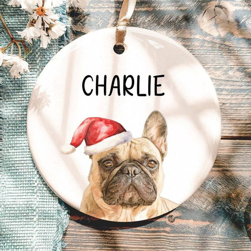 Dog watercolor Christmas ornament, personalized custom pet portrait for 2024 holiday decor; thoughtful gift for dog lovers | Familywalldecor