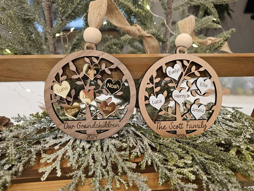 Grandma family tree ornament personalized with grandkids’ names and 2024, round ceramic, red ribbon, for Christmas tree decor | Familywalldecor
