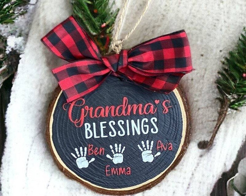 Grandma wooden ornament personalized with kids' names, heartfelt blessing design; laser-engraved keepsake gift for Grandma | Familywalldecor