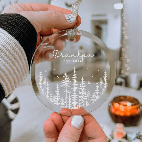 Grandpa baby announcement acrylic ornament with pine tree design, personalized with baby name and date; new grandpa gift | Family Wall Decor