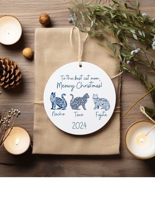Cat mom ornament featuring blue toile design and 2024 date, thoughtful Christmas gift for childless cat lady tree decor | Family Wall Decor
