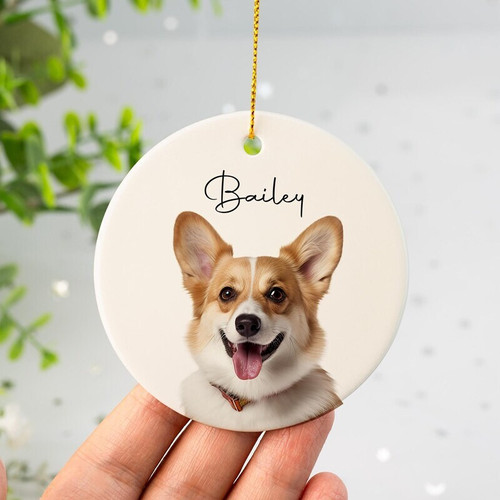 Personalized dog ornament with custom pet portrait, name and year on round ceramic; Christmas tree decor for dog lovers | Familywalldecor