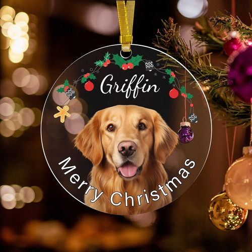 Dog Christmas ornament, custom acrylic; personalized with pet photo and name for tree decor and gifts for dog lovers | Familywalldecor