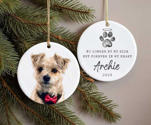 Dog memorial ornament with custom photo, name, and dates; heart-shaped wall art with paw prints and red ribbon, sympathy gift | Familywalldecor