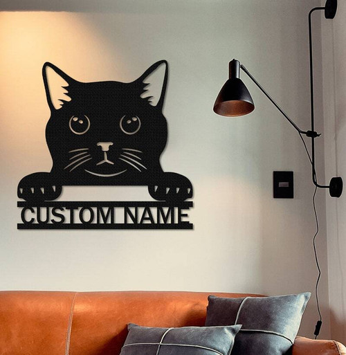 Cat mom metal sign personalized with cat name, custom pet wall decor for cat lovers, ideal for living room gallery wall | Familywalldecor