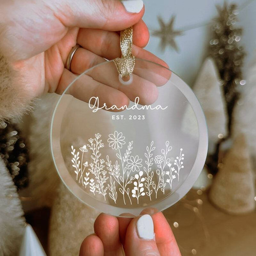Grandma baby announcement acrylic ornament, custom flower design, personalized with name and est. date for new grandmother | Family Wall Decor