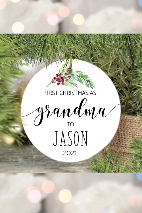 First Christmas ornament for new grandma, personalized keepsake with custom names and year; thoughtful holiday gift | Family Wall Decor