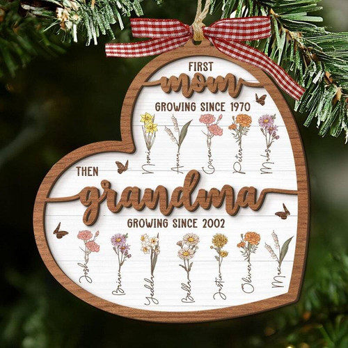 Custom birth flower ornament for Grandma, personalized with grandchildren names; heartfelt Christmas tree keepsake gift. | Familywalldecor