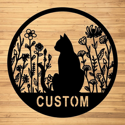 Cat mom metal wall art welcome sign with custom family name, matte black finish, for entryway home decor and cat lovers | Family Wall Decor