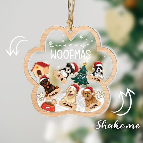 Christmas dog shaker ornament personalized with pet name and year, wall art keepsake, great gift for dog lovers, tree decor | Familywalldecor