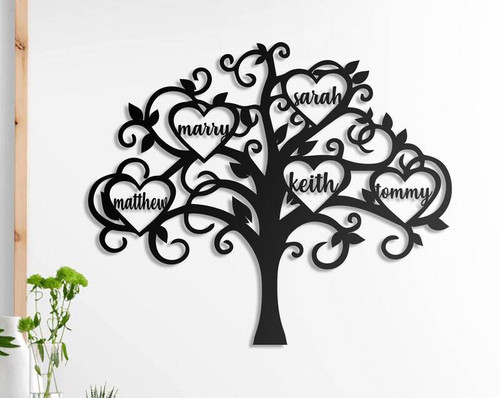 Family tree metal wall sign with custom family name, black powder‑coated round design for living room decor, meaningful family gift | Familywalldecor