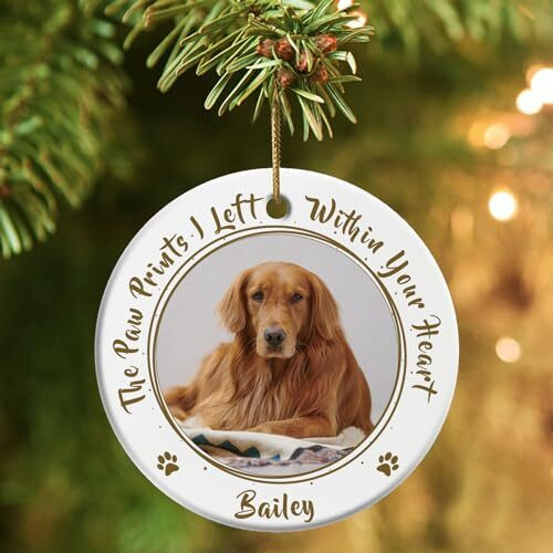 Dog memorial ceramic ornament Christmas tree keepsake, personalized with pet name and dates, heartfelt tribute for pet loss | Family Wall Decor