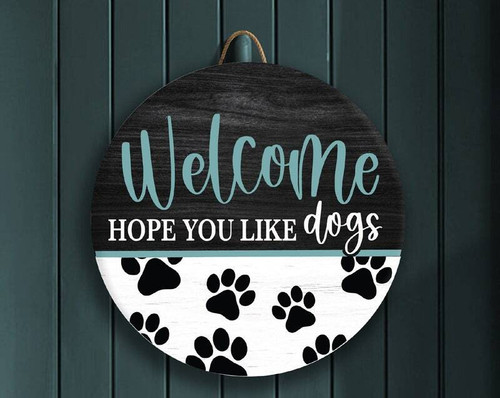 Funny dog wall art welcome sign, personalized with pet or family name, witty greeting with paw prints for entryway porch decor | Familywalldecor