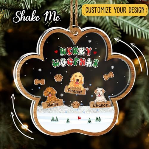 Christmas dog acrylic shaker ornament with pawprint design for dog moms and dads, customizable holiday tree decor gift idea | Familywalldecor