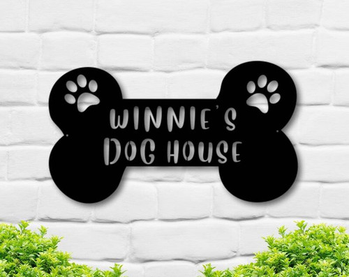 Dog metal wall art sign with personalized dog name in bone motif, laser-cut decor for pet lovers, entryway or living room | Family Wall Decor