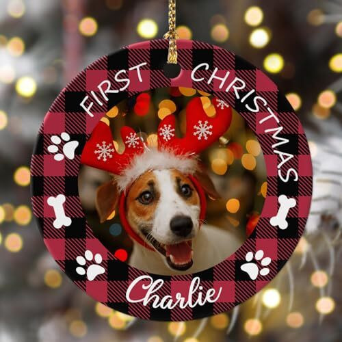 Dog photo ornament personalized with your pet picture, festive Christmas tree decor and a heartfelt gift for dog lovers | Familywalldecor