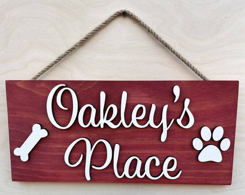 Custom dog wooden sign with 3D layered name and paw icon, personalized for pet area decor, rustic walnut stain | Family Wall Decor