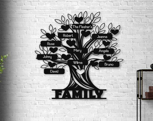 Family tree metal sign personalized with family surname, kids’ names, and established date, custom wall decor for living room | Family Wall Decor