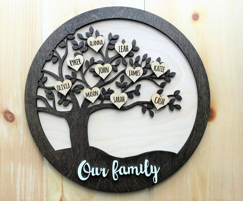 Thoughtful family tree wooden wall art, personalized with family names, walnut finish, vertical panel for living room decor | Familywalldecor
