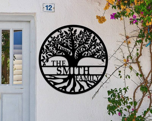 Family tree metal wall art, handcrafted steel decor with custom couple names and date, perfect housewarming for living rooms | Familywalldecor