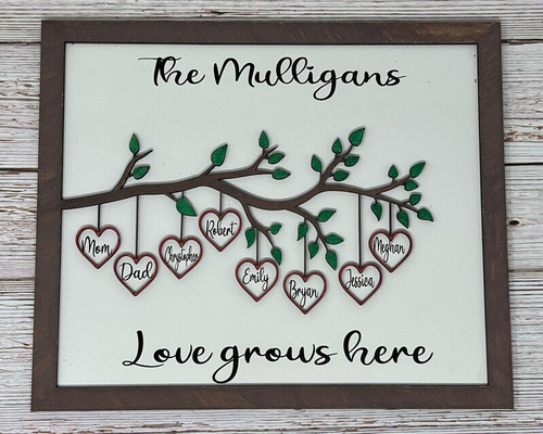 Family tree wall decor, engraved branch motif personalized with family names; Mother's Day gift for mom, living room display | Familywalldecor