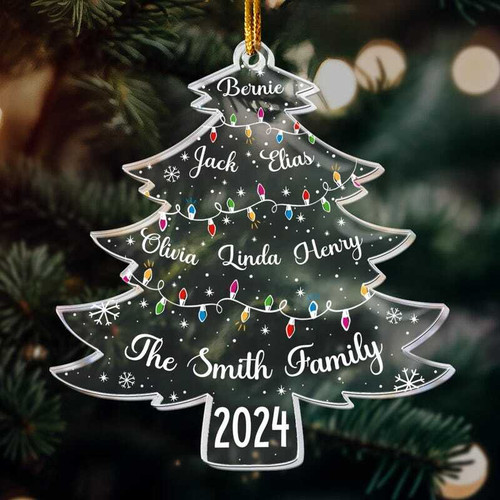 Personalized family tree acrylic ornament wall decor with engraved names and 2024 date, a Christmas holiday keepsake gift | Familywalldecor