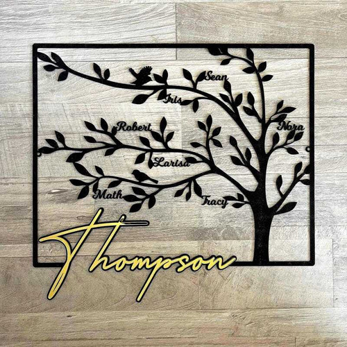 Family tree metal sign with birds, personalized with family name and anniversary date, round wall decor for entryway display | Family Wall Decor