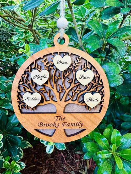 Family tree wooden ornament wall decor personalized with engraved names and year, rustic wood finish for holiday memories | Familywalldecor
