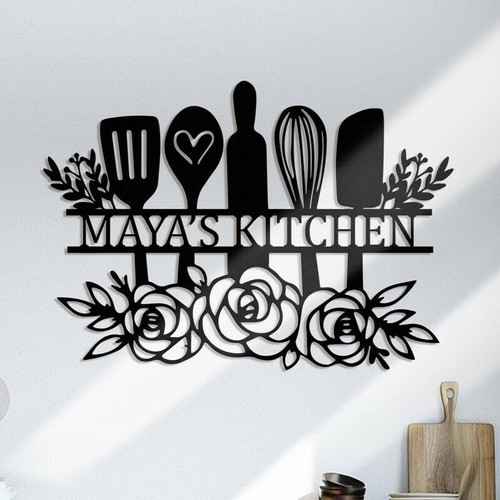 Mom's Kitchen metal sign, personalized with family name and est. year, black powder-coated finish for indoor kitchen decor | Family Wall Decor