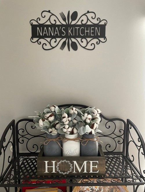 Kitchen metal sign wall art for Mom, personalized with custom name; thoughtful housewarming decor and gift for her home | Family Wall Decor