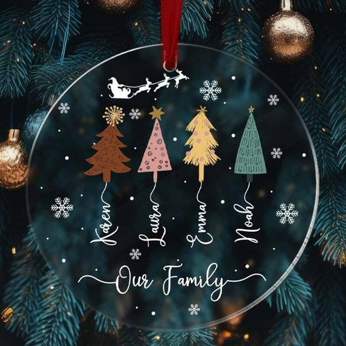 Family tree acrylic ornament wall decor, clear round design for Christmas, personalized with your family name, red ribbon | Familywalldecor