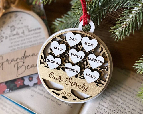 Family tree wooden Christmas ornament personalized with names, a thoughtful neighbor gift and keepsake for holiday tree decor | Familywalldecor