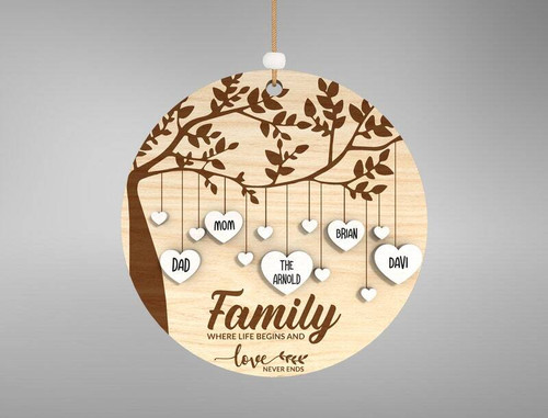Heartfelt family tree ornament, round wood design with engraved names and year, ribbon hanger, personalized Christmas gift | Familywalldecor